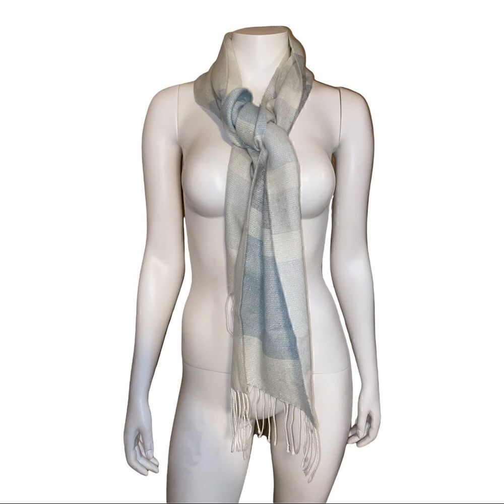 Steve Madden Ivory Light Blue Shimmering Lurex Striped Muffler Scarf NWT